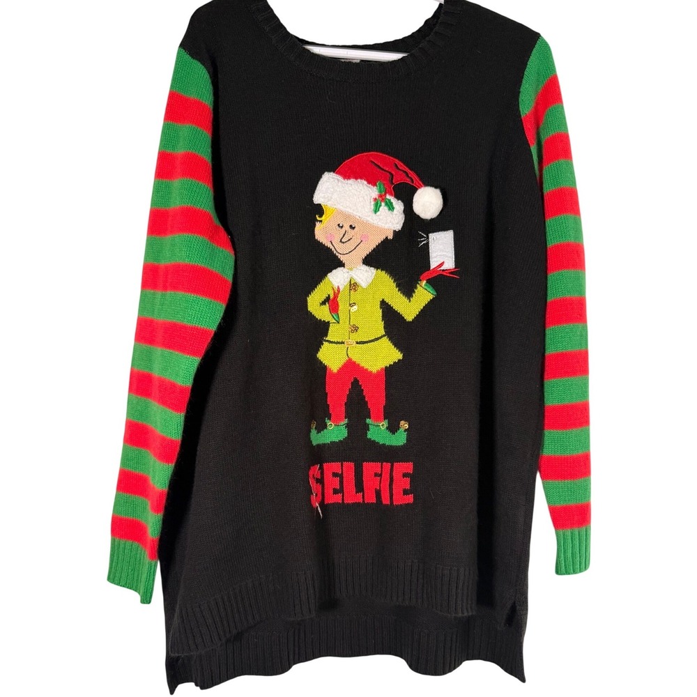 Holiday Time Elf Selfie Ugly Christmas Sweater Black Red Green 2X 18W/20W
